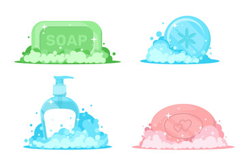Cartoon soaps with foam. Liquid and lump detergent. Froth bubbles. Body washing. Skin care. Hand hygiene. Dispenser bottle. Soapy cleanser aroma. Beauty cosmetic products vector set