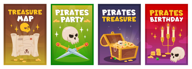 Cartoon pirate treasure posters. Sea robbers accessories. Wooden chests with gold coins and gems. Corsairs old map. Swords and candlesticks. Piracy party invitation. Recent vector set