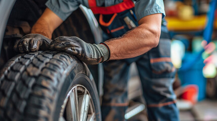 Focused view of a mechanic adjusting summer tires on a vehicle  preparing for optimal driving conditions after winter