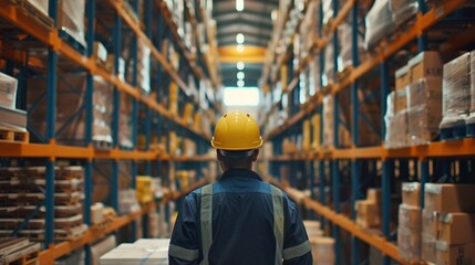 Intense scene of a worker wearing a hard hat in a warehouse  with a sharp focus on his meticulous handling of goods