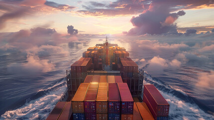 Majestic view of a large container ship at sea  zoomed in to show the scale and load as it navigates the boundless ocean