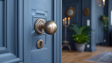 Close-up of a Vintage Door Knob on a Blue Wooden Door