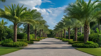 Wandcirkels Foto's Palm trees along the perimeter of the path in a beautiful well-maintained area  © BajimBa