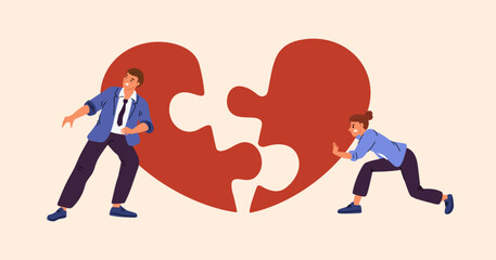 Cartoon people assemble puzzle. Couple push halves of heart towards each other. Struggle for love. Joint efforts. Romantic relationship. Jigsaw pieces connecting. Garish vector concept