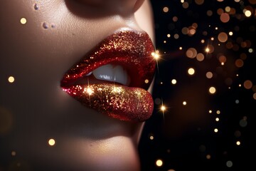 Women's Lips with Sequins, elegant lipstick advertisement - obrazy, fototapety, plakaty
