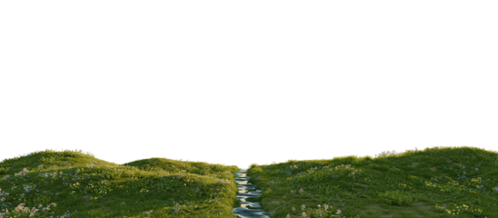 Serene river flowing through a lush green landscape. 3D render.	