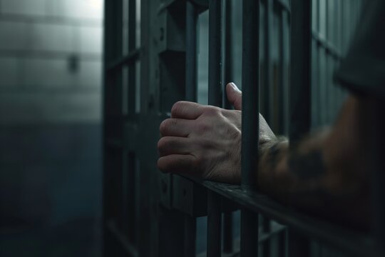 Close-up of the hands and wrists in prison, holding onto the bars with their hands, crime and punishment, violation of the law and consequences, a prisoner in prison