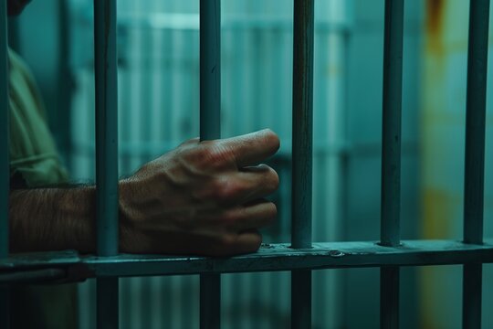 Close-up of the hands and wrists in prison, holding onto the bars with their hands, crime and punishment, violation of the law and consequences, a prisoner in prison