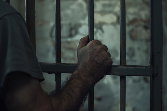 Close-up of the hands and wrists in prison, holding onto the bars with their hands, crime and punishment, violation of the law and consequences, a prisoner in prison
