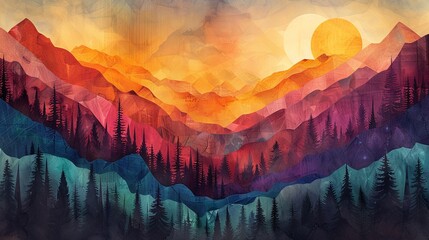 Majestic mountains and trees with sunset - obrazy, fototapety, plakaty