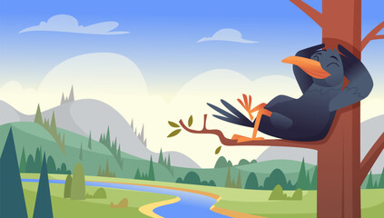 Naklejka premium Flying crows. Cartoon outdoor background with funny cartoon crows exact vector template