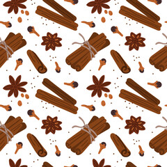 Cartoon cinnamon seamless pattern. Aromatic ingredients. Repeated print. Mulled wine condiment. Coffee and dessert spices. Herbal tea seasoning. Clove and anise. Garish vector background