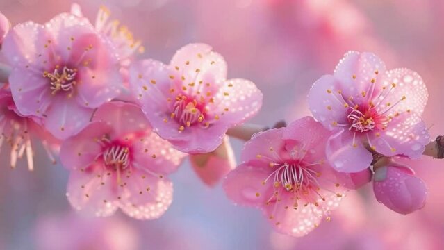 Pink flowers on a branch with yellow centers. The flowers are in full bloom and are very pretty 4K motion