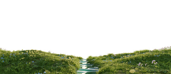 Serene river flowing through a lush green landscape. 3D render.	