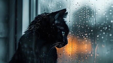 shot of a cat sitting by a window during a storm, the mood somber and focused. - obrazy, fototapety, plakaty