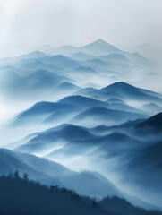 Fototapeta na wymiar Serene Blue Mountain Ranges and Forests in Misty Landscape Illustration