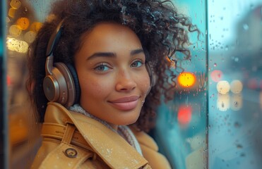 Joyful woman, beige coat, headphones, waits at city bus stop, listens to music, happy anticipation
