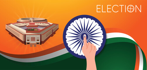 General Elections 2024 in India hand with blue mark in finger with Indian new parliament vector poster