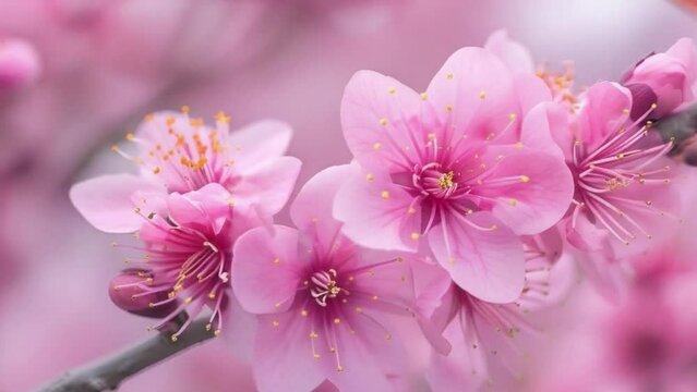 Pink flowers on a branch with yellow centers. The flowers are in full bloom and are very pretty 4K motion