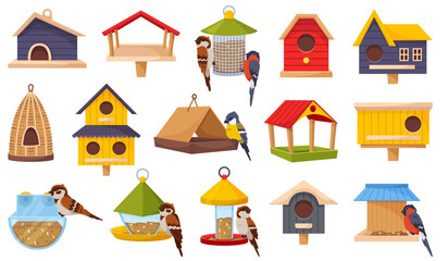 Bird feeders. Different design wooden birdhouses. Handmade craft houses for helping chicks in winter. Starling home. Sparrows, tits and bullfinches peck at grain. Recent vector set