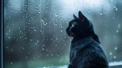 Fotobehang Dramatic scene of a black cat sitting at a wet window, the raindrops distorting the view outside, against a simple backdrop. © JennyJane
