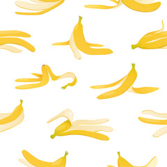 Banana peel seamless pattern. Different positions of fruit peelings. Repeated food waste. Organic garbage. Slippery skin. Slipping on husk. Product leftover shell. Vector background