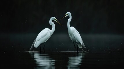 Two great white egrets standing in the water against a dark backdrop - obrazy, fototapety, plakaty