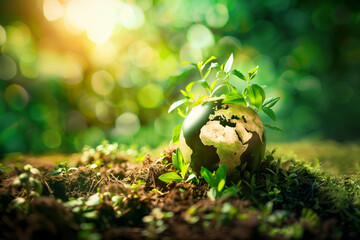 A world globe surrounded by green leaves in nature, symbolic ecological concept for environmental protection, nature conservation, Earth care, sustainable development