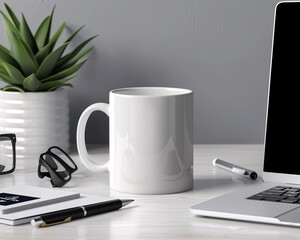 Marketing mockup of a professional coffee mug, styled with office supplies and digital devices, high-detail for e-commerce