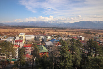 View from a drone from Kobuleti to the mountains of Kintrishi National Park, Georgia