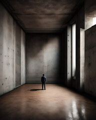 businessman standing alone inside a huge empty concrete walls room