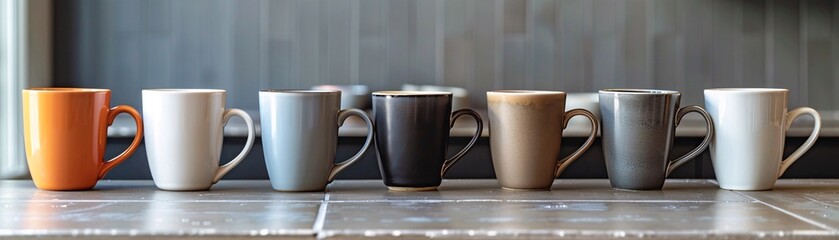 Lineup of contemporary designed mugs, emphasizing company branding, perfect for showcasing in a professional kitchenware catalog