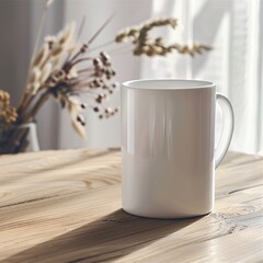 Minimalist design mug on a café table, perfect for a drinkware mockup, subtle tones and elegant for business gifting
