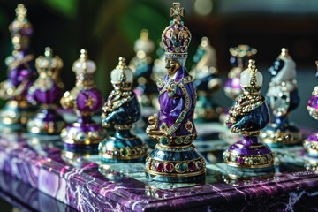 Ornate jeweled chess set with elaborate details on marble game board, showcasing craftsmanship