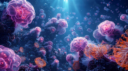 Fototapeta premium A digital painting of an underwater scene featuring swirling brain cell patterns.