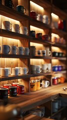 Dynamic retail display mockup featuring a variety of logo mugs, artistically lit to highlight craftsmanship and branding