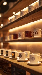 Dynamic retail display mockup featuring a variety of logo mugs, artistically lit to highlight craftsmanship and branding