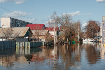 Orenburg, Russia - 04.16.2024: flooded houses in Orenburg after the spring flood on the Ural river