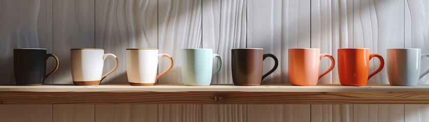 Line of artist mugs on a modern retail display, each mug distinct, captured in a high-resolution mockup for marketing purposes