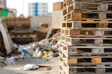 A pile of wood stacked next to a pile of trash.