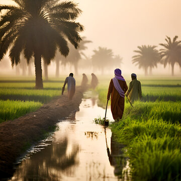 water canal in pakistan faimly walking on the beach  samog water daate tree grass man sky summar seasion