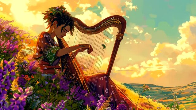 Woman playing harp at sunrise, world music day concept. seamless looping 4k time-lapse animation video background 