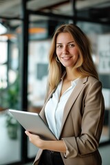 Businesswoman in suit smiling, holding tablet.