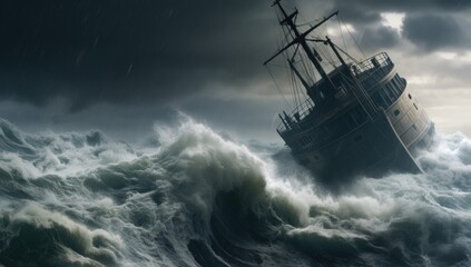 Fototapeta premium Vessel amidst turbulent ocean waves in a storm.