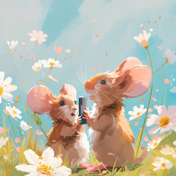 An illustration of a girl mouse takes a photo of her boyfriend on her smartphone in a picturesque daisy meadow