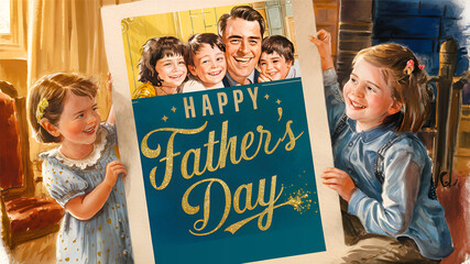 Happy Father's Day Illustration and Vintage watercolor Father's Day typography poster,