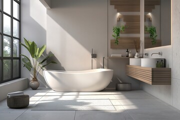 Fototapeta na wymiar Modern Scandinavian bathroom with a large white bathtub next to a window.