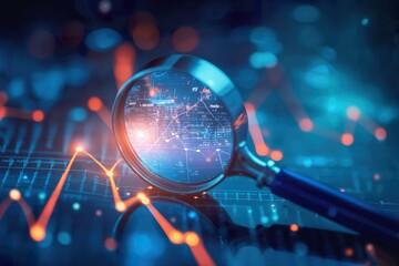 Magnifying glass placed on a chart with data on blue background.