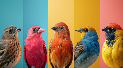 A row of birds with different colors, including red, blue, and yellow. The birds are standing next to each other, creating a colorful and vibrant scene - obrazy, fototapety, plakaty