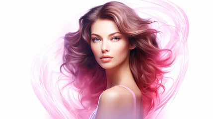 A woman with long hair is the main focus of the image. The hair is styled in a way that makes it appear as if it is flowing in the wind. The woman is wearing a pink shirt - obrazy, fototapety, plakaty